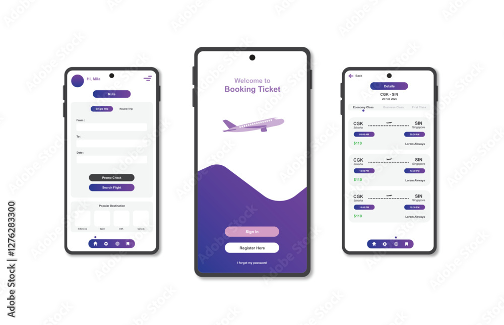 Online airline ticket booking design for mobile application. Airline ticket booking platform screen. Graphical user interface for responsive mobile applications