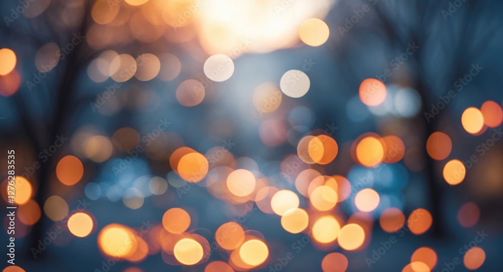 Obraz premium Abstract blurred bokeh background with warm lights and cool tones in an urban setting during sunset or twilight.