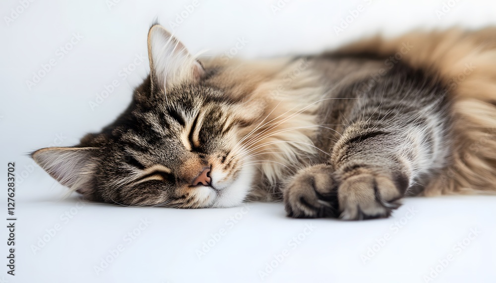Longhaired tabby cat is peacefully sleeping on a white surface Longhaired tabby cat is peacefully sleeping on a white surface