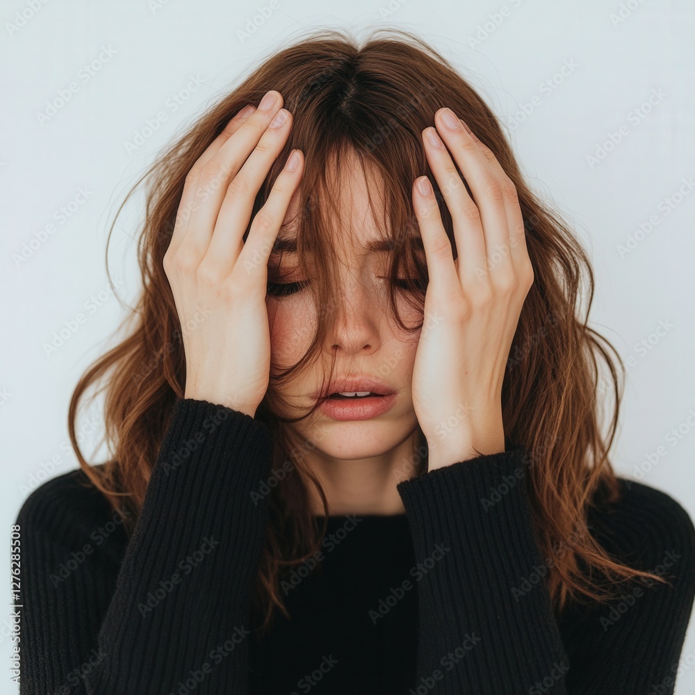A woman with brown hair is crying and her hands are on her face A woman with brown hair is crying and her hands are on her face
