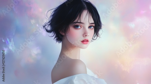 Portrait of a Young Woman with Soft Features and Ethereal Background
