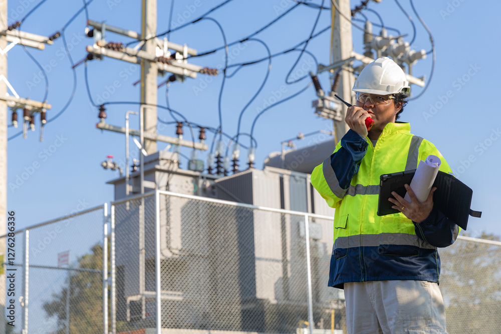 Electrical engineer working in site Electrical engineer man checking Power Distribution Cabinet in the Big Electrical transformer Site.. Electrical engineer working in site Electrical engineer man checking Power Distribution Cabinet in the Big Electrical transformer Site..