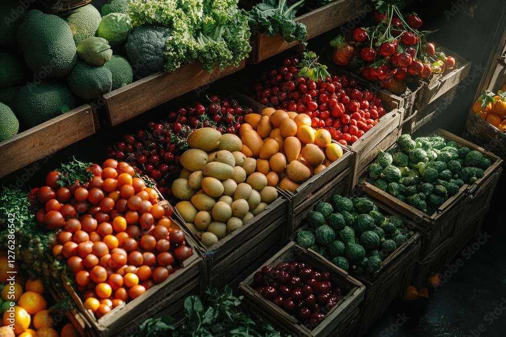 A vibrant farmers market stall overflowing with fresh produce, including avocados, mangoes, cherries, and Brussels sprouts. A vibrant farmers market stall overflowing with fresh produce, including avocados, mangoes, cherries, and Brussels sprouts.