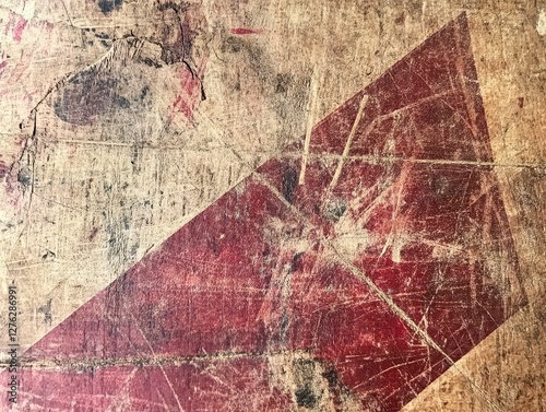 Weathered Hardwood Surface Displaying Geometric Red Triangle Overlay Pattern Revealing Time and Use photo