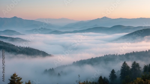 Mountain landscape with fog covering the valley at sunrise with trees in the foreground and layers of mountains in the background