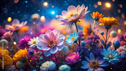 Night Spring Flowers Bloom, White Background Detailed Texture