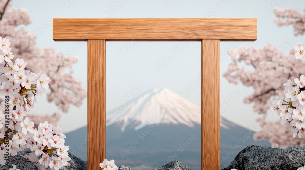 Cherry Blossom Archway Concept, Minimalist Wooden Archway Surrounded by Blooming Cherry Blossoms with Mount Fuji in Background Cherry Blossom Archway Concept, Minimalist Wooden Archway Surrounded by Blooming Cherry Blossoms with Mount Fuji in Background