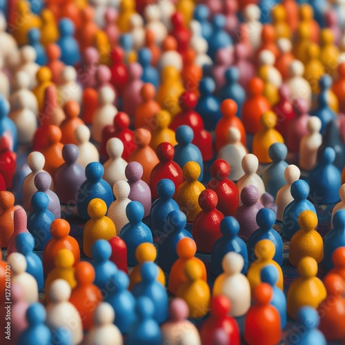 A group of people are standing in a line, with some of them wearing red and blue