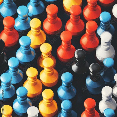 A row of colorful chess pieces are arranged in a pattern