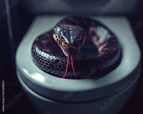 Close-up of a black snake coiled inside a toilet bowl, symbolizing danger, fear, and the unexpected presence of wildlife in everyday spaces. The image conveys a sense of unease. photo