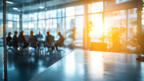 Group of businesspeople negotiating gathered in modern conference room, blurred silhouettes view, meeting behind closed glass doors. Business communication, workflow, decision-making, strategy sharing