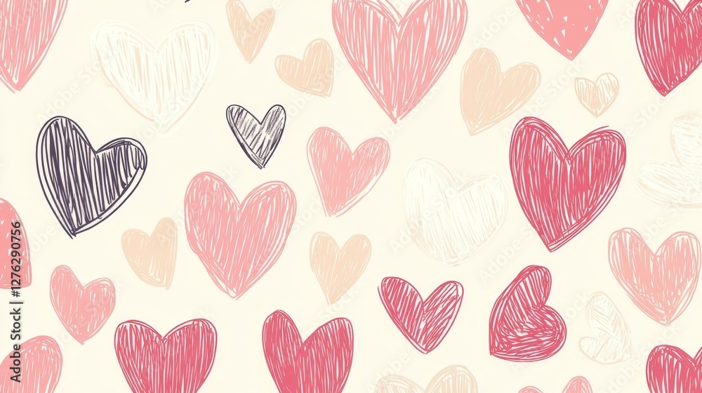 Hand-drawn heart pattern in various colors on cream background Hand-drawn heart pattern in various colors on cream background