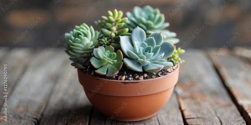 Potted succulent plants with various textures and colors in a clay pot on a wooden surface with blurred background Potted succulent plants with various textures and colors in a clay pot on a wooden surface with blurred background