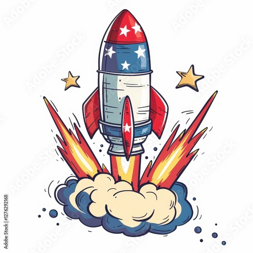 A rocket is blasting off with a red, white, and blue flag on the side