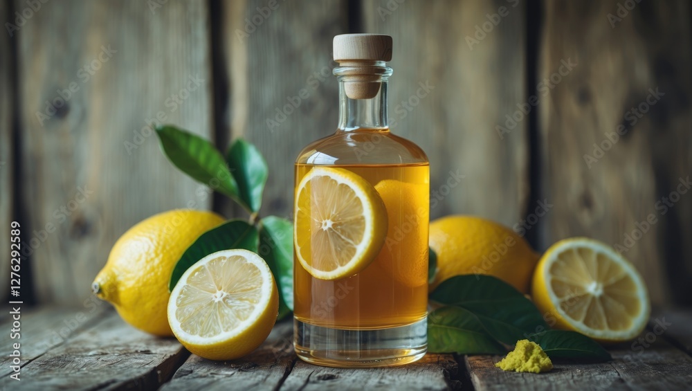 Lemon slices beside a bottle of lemon oil on a wooden table with fresh lemons and green leaves in rustic setting Lemon slices beside a bottle of lemon oil on a wooden table with fresh lemons and green leaves in rustic setting