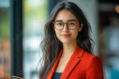 Professional woman with glasses in bright jacket smiles confidently in modern office. Ready for success. Focused and approachable.