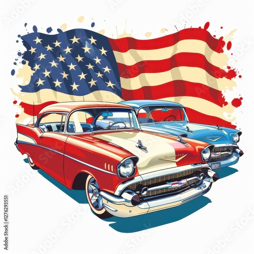 Two cars are parked in front of an American flag
