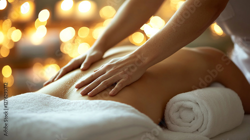 Wallpaper Mural Close-up of professional spa massage therapy with hands applying treatment on a client's back, surrounded by a relaxing spa atmosphere and soft bokeh light background. Torontodigital.ca