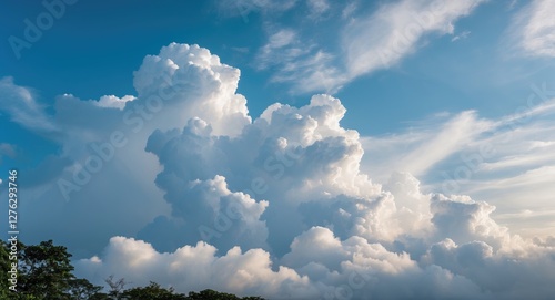 Large billowing cumulus clouds against a bright blue sky with subtle wisps of cirrus clouds in the background during daytime. photo