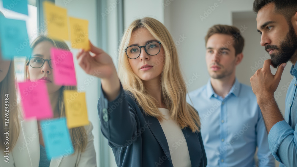 Fototapeta premium Collaborative Team Meeting on Project Ideas with Colorful Sticky Notes and Focused Professionals in Modern Office Environment