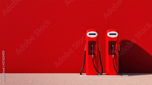 Two Red Gas Pumps against a Solid Red Wall in Bright Sunlight for Nostalgic Transportation