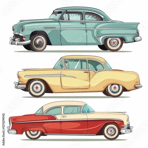 Three vintage cars are shown in a row, with the middle one being yellow