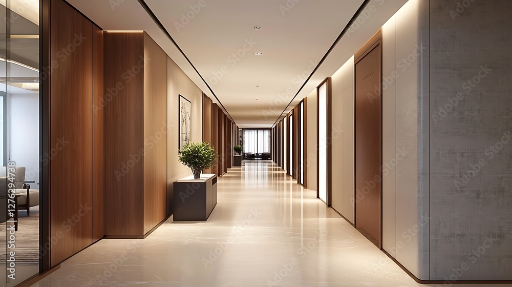 Obraz premium Modern Hotel Hallway Interior with Wood Panels and Marble Floor