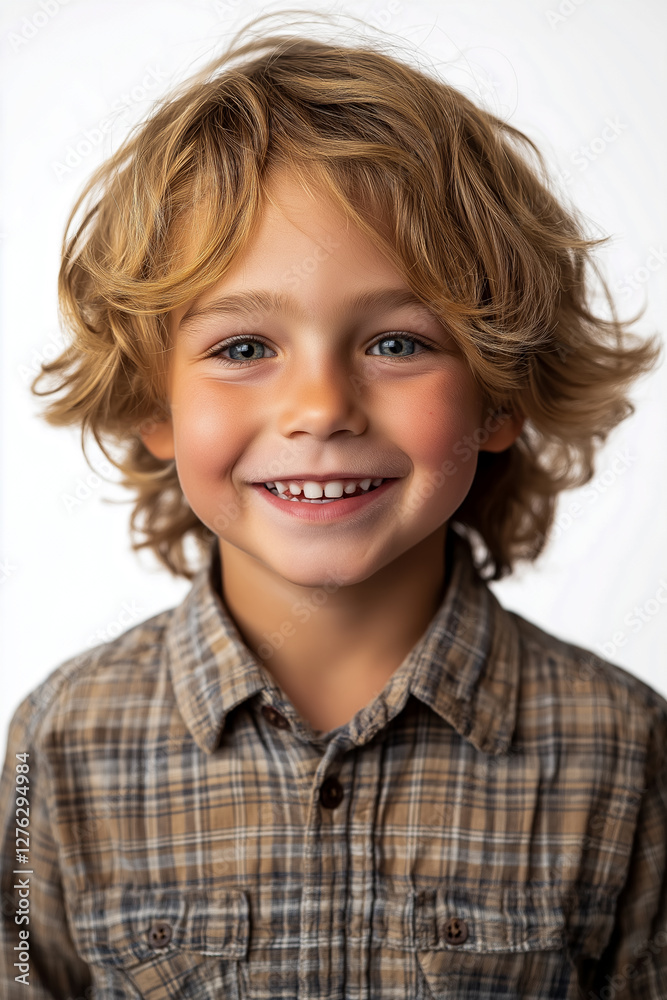 Cheerful young boy with blond hair smiling at the camera in a casual plaid shirt. He exudes joy and confidence in this portrait. Cheerful young boy with blond hair smiling at the camera in a casual plaid shirt. He exudes joy and confidence in this portrait.