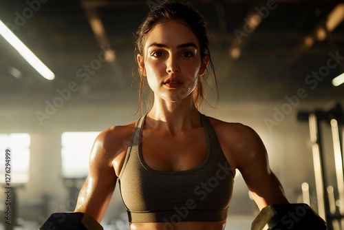 Woman working out with dumbbells in gym photo