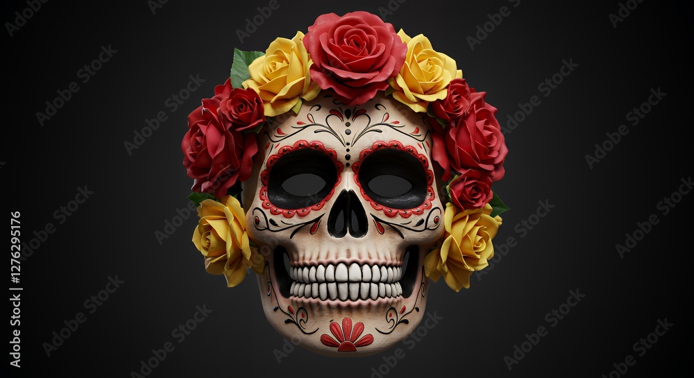 Day of the Dead Skull with Rose Wreath on Dark Background Day of the Dead Skull with Rose Wreath on Dark Background