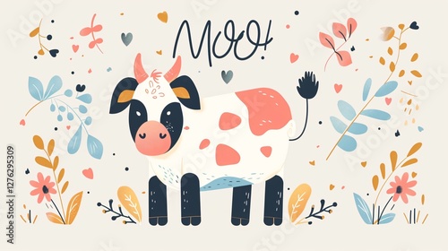 Cute Cartoon Cow with Moo Speech Bubble Vector