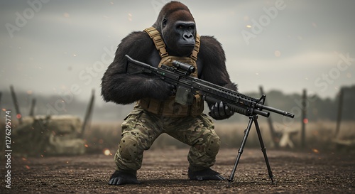 Gorilla Soldier Armed with Rifle in Camouflage Standing Alert