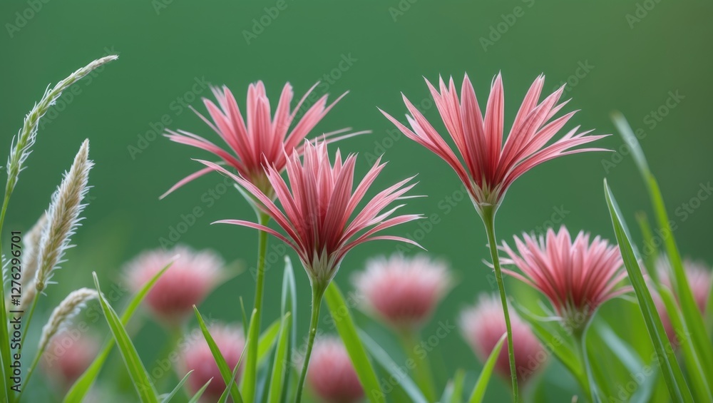 pink flowers with pointed petals surrounded by green grass and soft focus background pink flowers with pointed petals surrounded by green grass and soft focus background