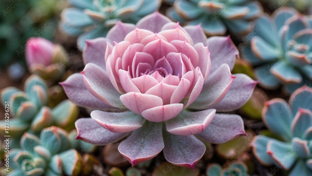 Pink and green succulent plants with layered petals in a garden setting close up focus on flowers and foliage Pink and green succulent plants with layered petals in a garden setting close up focus on flowers and foliage