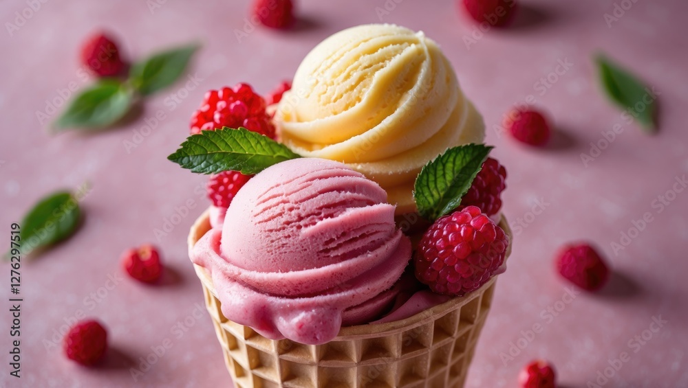 Ice cream cone with raspberry and lemon flavors garnished with fresh raspberries and mint leaves on a pink background Ice cream cone with raspberry and lemon flavors garnished with fresh raspberries and mint leaves on a pink background