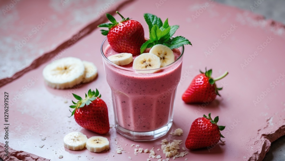 Strawberry banana smoothie in a glass with fresh strawberries and banana slices on pink surface with oats scattered Strawberry banana smoothie in a glass with fresh strawberries and banana slices on pink surface with oats scattered