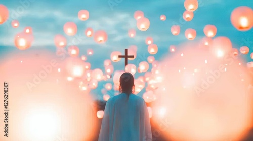 Person in White Robe Facing Cross Amongst Glowing Lanterns Amidst a Dreamy Sky Atmosphere photo