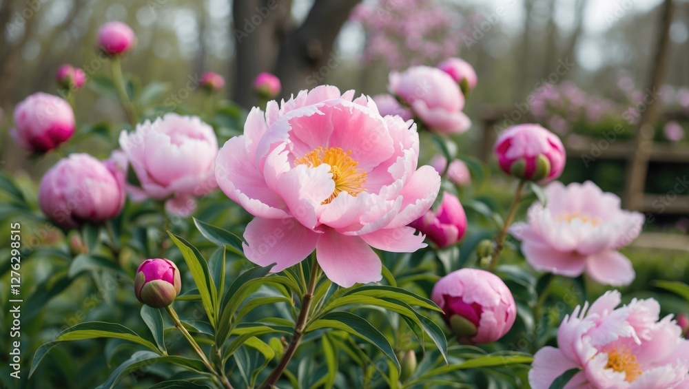Pink peonies in full bloom surrounded by green foliage in a garden setting on a sunny day Pink peonies in full bloom surrounded by green foliage in a garden setting on a sunny day