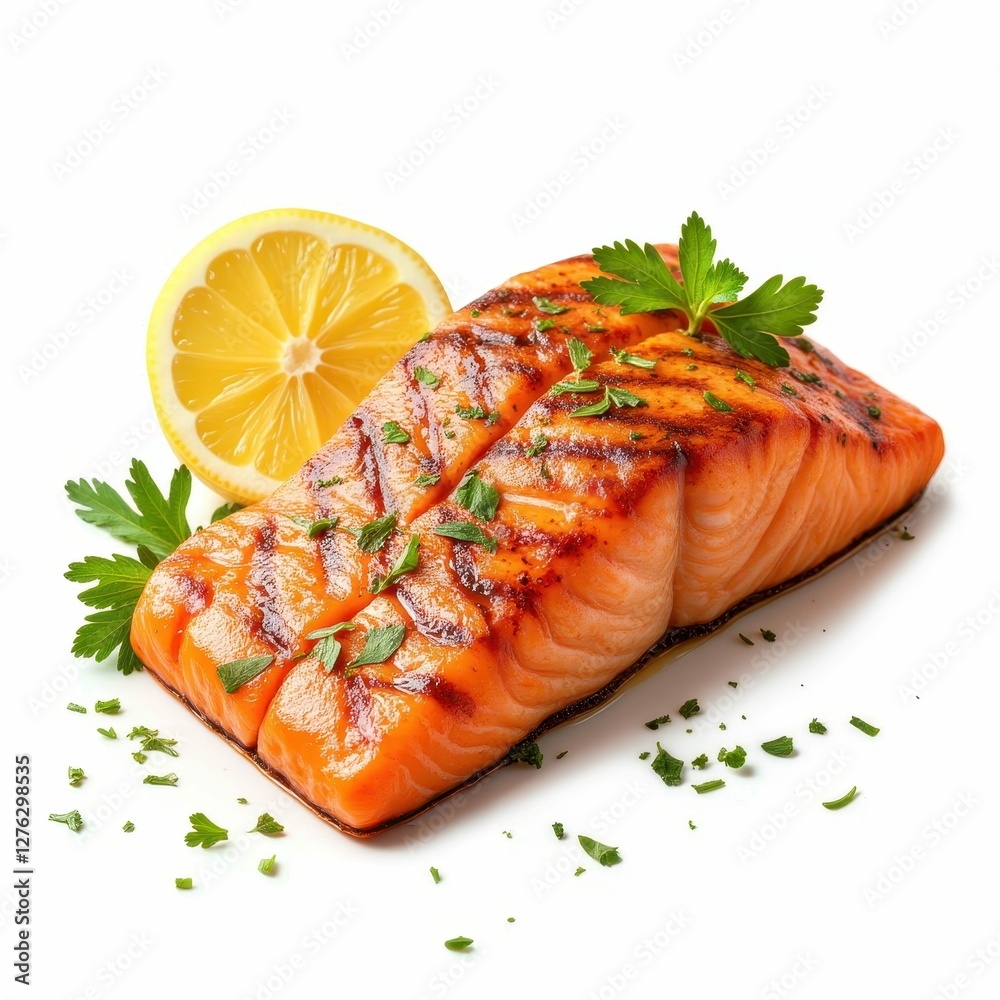 Grilled Salmon Steak with Lemon Slice and Parsley Garnishing A Flavorful Seafood Plate Delight Grilled Salmon Steak with Lemon Slice and Parsley Garnishing A Flavorful Seafood Plate Delight