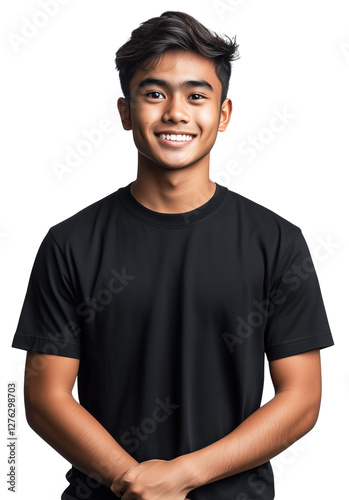 Healthy, confident, young teen asian boy of malay, indonesian or filipino descent smiling in a black t-shirt and jeans isolated on a white background