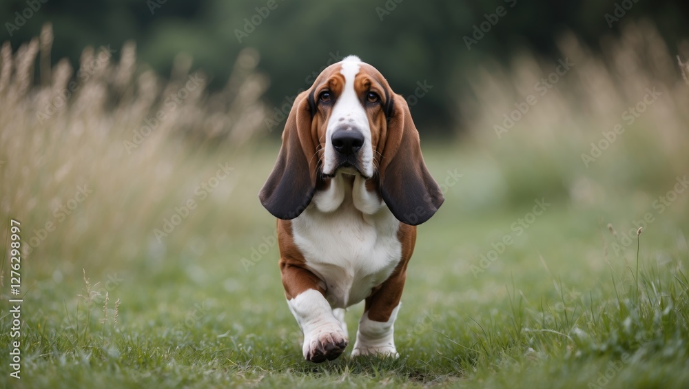 Basset hound dog walking towards camera on grassy path with blurred natural background in outdoor setting Basset hound dog walking towards camera on grassy path with blurred natural background in outdoor setting