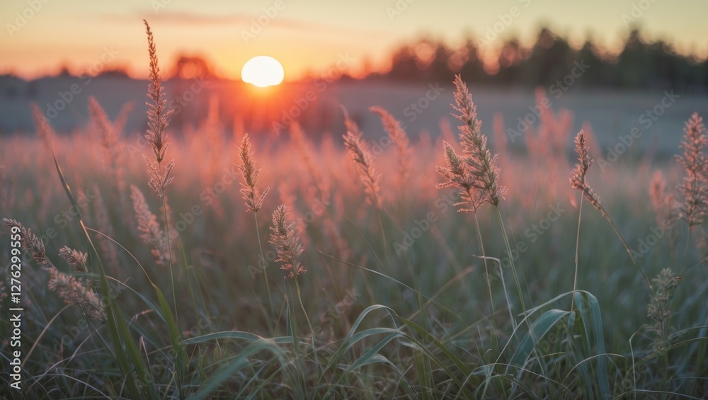 Sunset over a field of tall grass with soft pink and orange hues illuminating the landscape and silhouettes of trees in the background Sunset over a field of tall grass with soft pink and orange hues illuminating the landscape and silhouettes of trees in the background