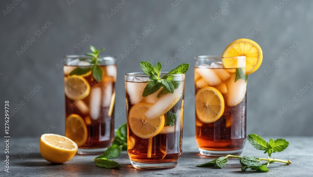 Iced tea drinks with lemon slices and fresh mint on a gray background with ice cubes in tall glasses.