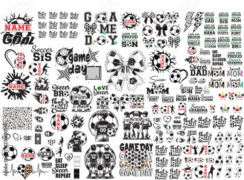 Soccer bundle EPS Vector, Game day EPS Vector, font alphabet letters EPS Vector, Coquette Bow EPS Vector, soccer family EPS Vector, soccer ball name EPS Vector, Soccer player EPS Vector