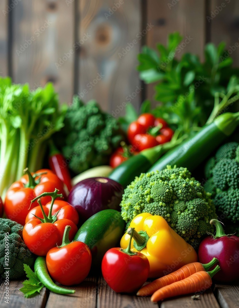 Abundant Vegetable Harvest Still Life on Wood Table Broccoli Tomatoes Peppers Celery and Zucchini Abundant Vegetable Harvest Still Life on Wood Table Broccoli Tomatoes Peppers Celery and Zucchini