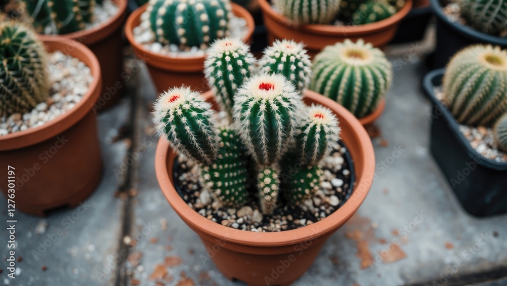 Group of potted cacti in various sizes and colors arranged on a surface with gravel and soil in decorative pots. Group of potted cacti in various sizes and colors arranged on a surface with gravel and soil in decorative pots.
