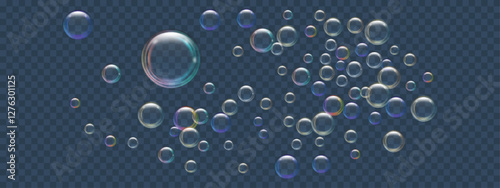 Soap bubbles different sizes on a dark transparent background. Realistic rainbow effect on shampoo and shower gel foam. Glare and reflexes on flying air bubbles. Vector illustration