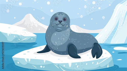 Cute Seal on Iceberg Watercolor Illustration