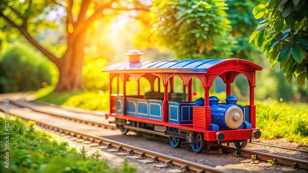 Fototapeta premium Panoramic View of Red and Blue Toy Train with Canopy - Vintage Style