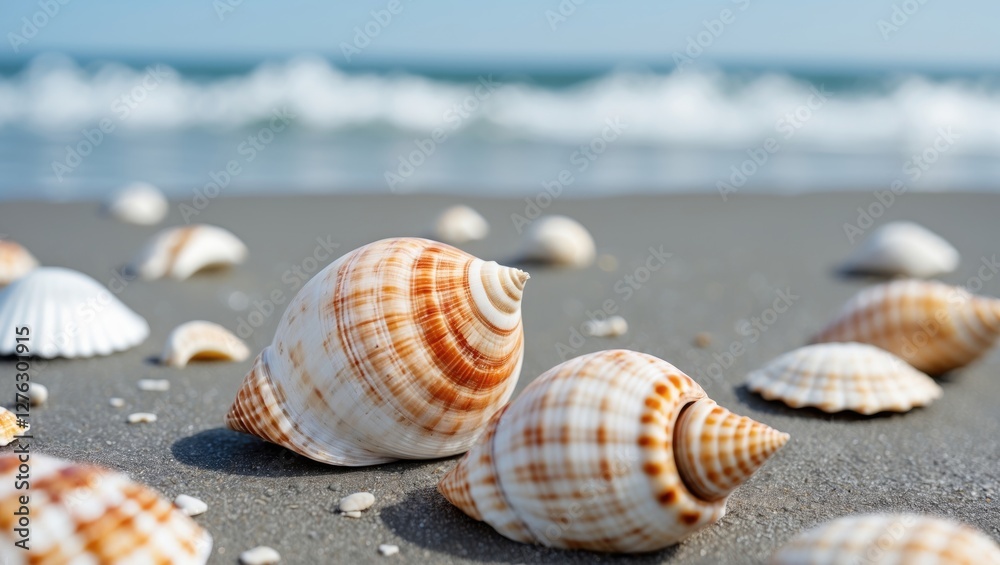Close-up view of various seashells on sandy beach with ocean waves in the background under clear blue sky Close-up view of various seashells on sandy beach with ocean waves in the background under clear blue sky